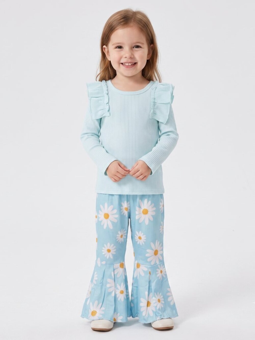 NWOT | 2-Piece Light Blue Daisy Flower Ruffle Top & Flare Pants Set | 2-3T